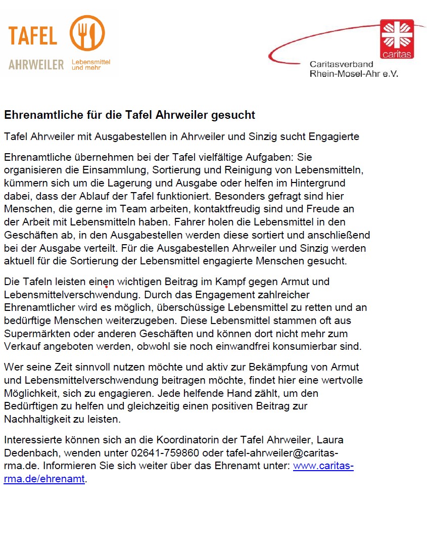 Helferaufruf Tafel Ausgabe Sinzig & Ahrweiler